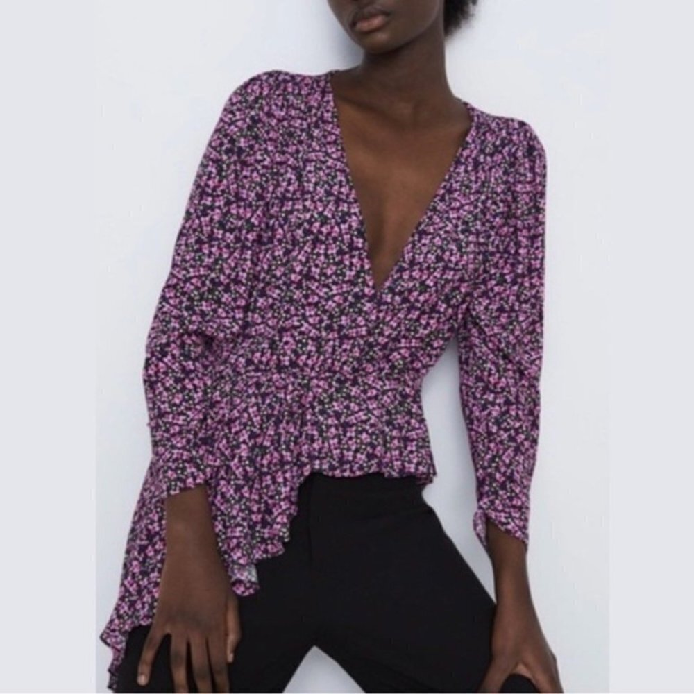 Zara Floral Wrap Front Asymmetrical Hem Peplum Long Sleeve V-Neck Blouse Top
